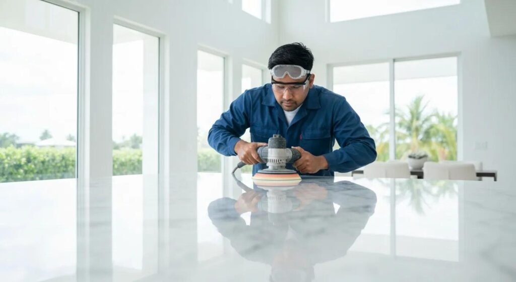 Professional technician polishing marble surface in a Miami home