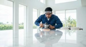 Professional technician polishing marble surface in a Miami home