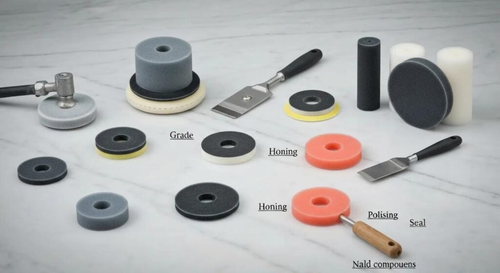fd1e42de-cacc-40a8-8c0b-e0ba66d1e5b3.webp Stages of marble polishing process with tools and products