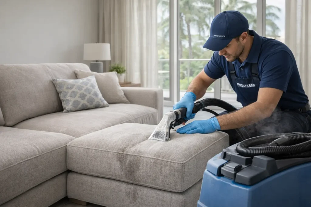 Professional upholstery cleaning technician restoring Service at Dr. Steemer