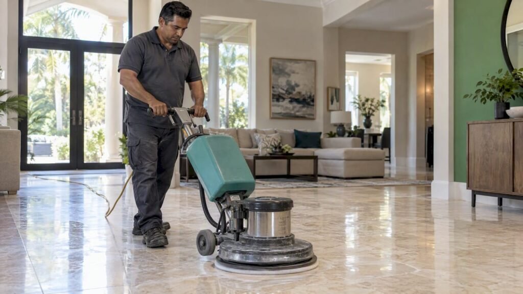Technician polishing a marble floor