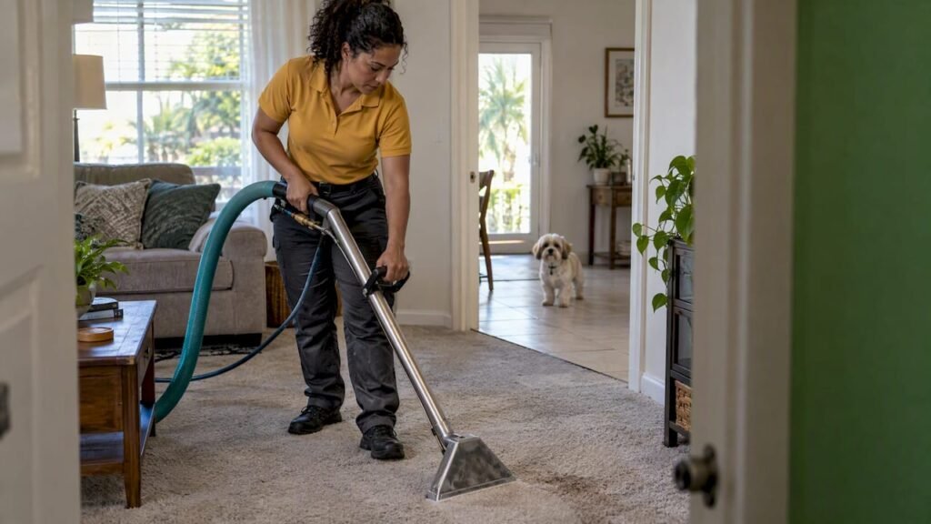 Technician cleaning carpet while dog waits nearby