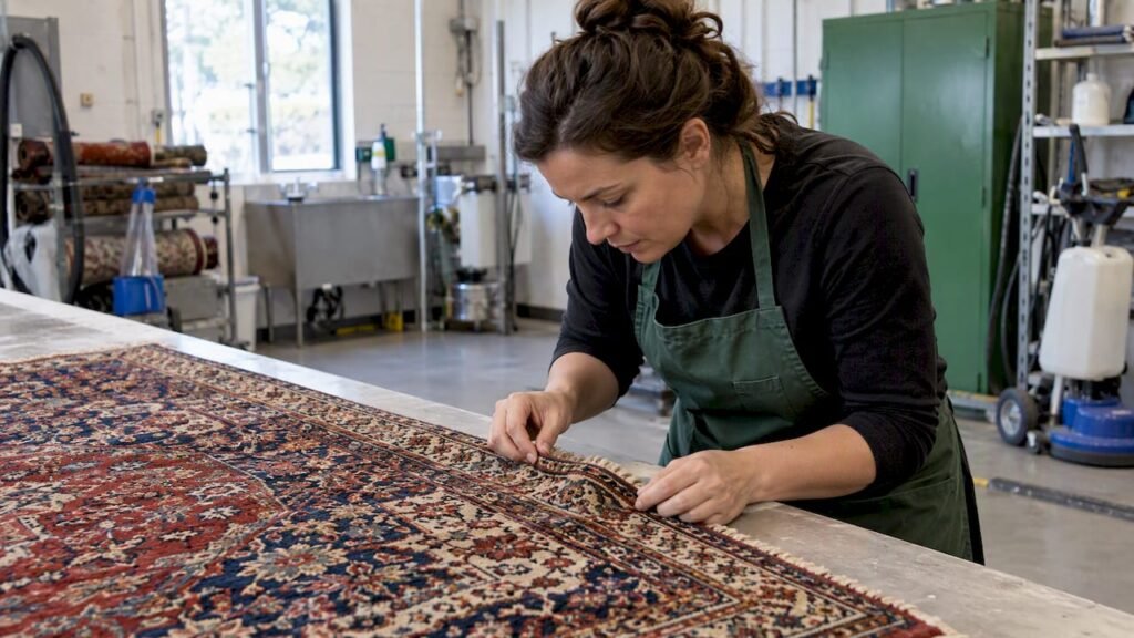 Specialist inspecting a hand-knotted oriental rug