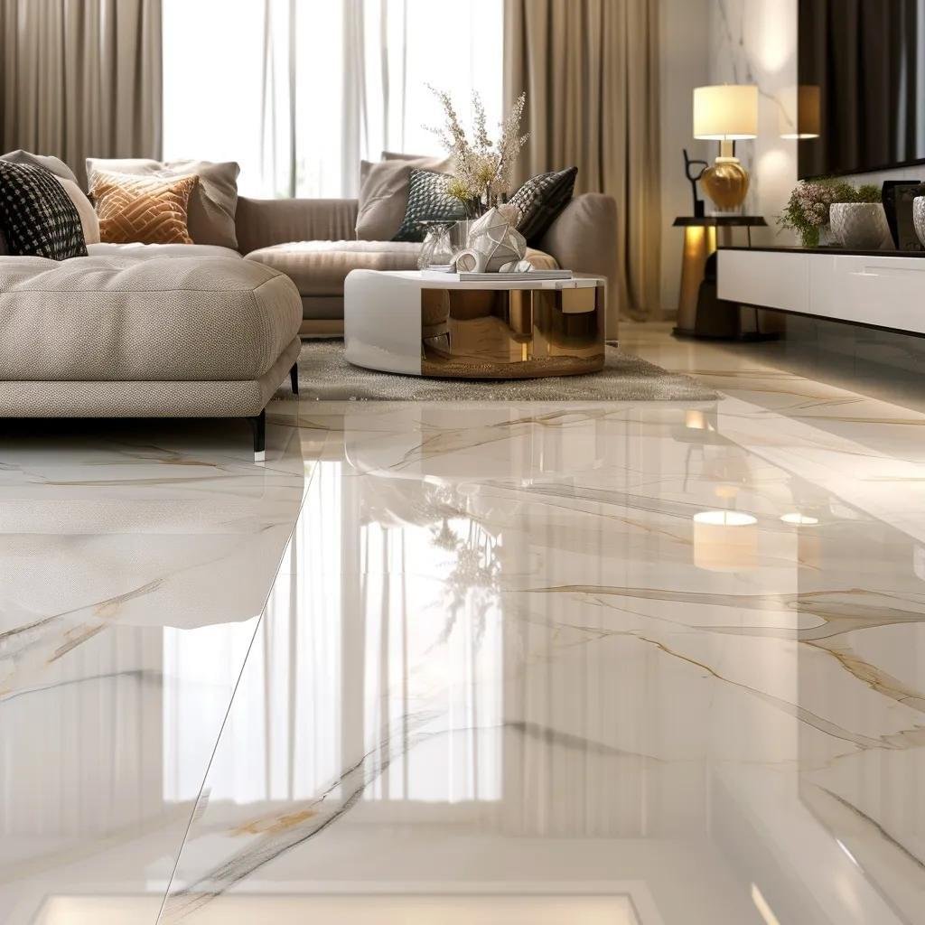 Glossy polished marble floor reflecting light, showcasing elegance and shine